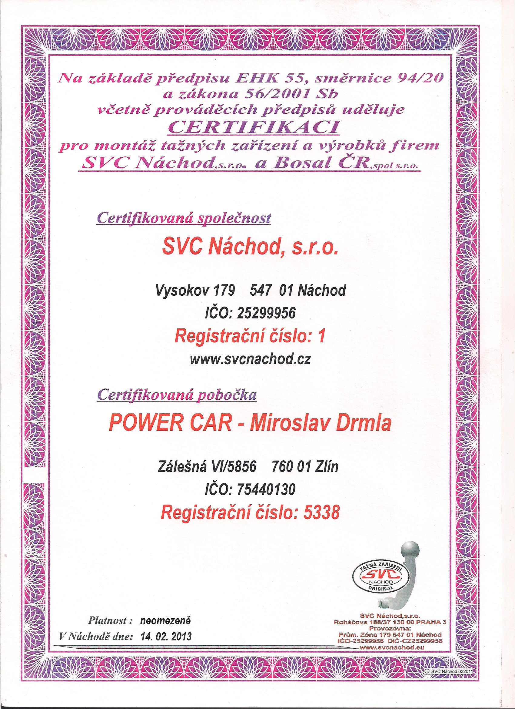 Certifikát SVC Náchod