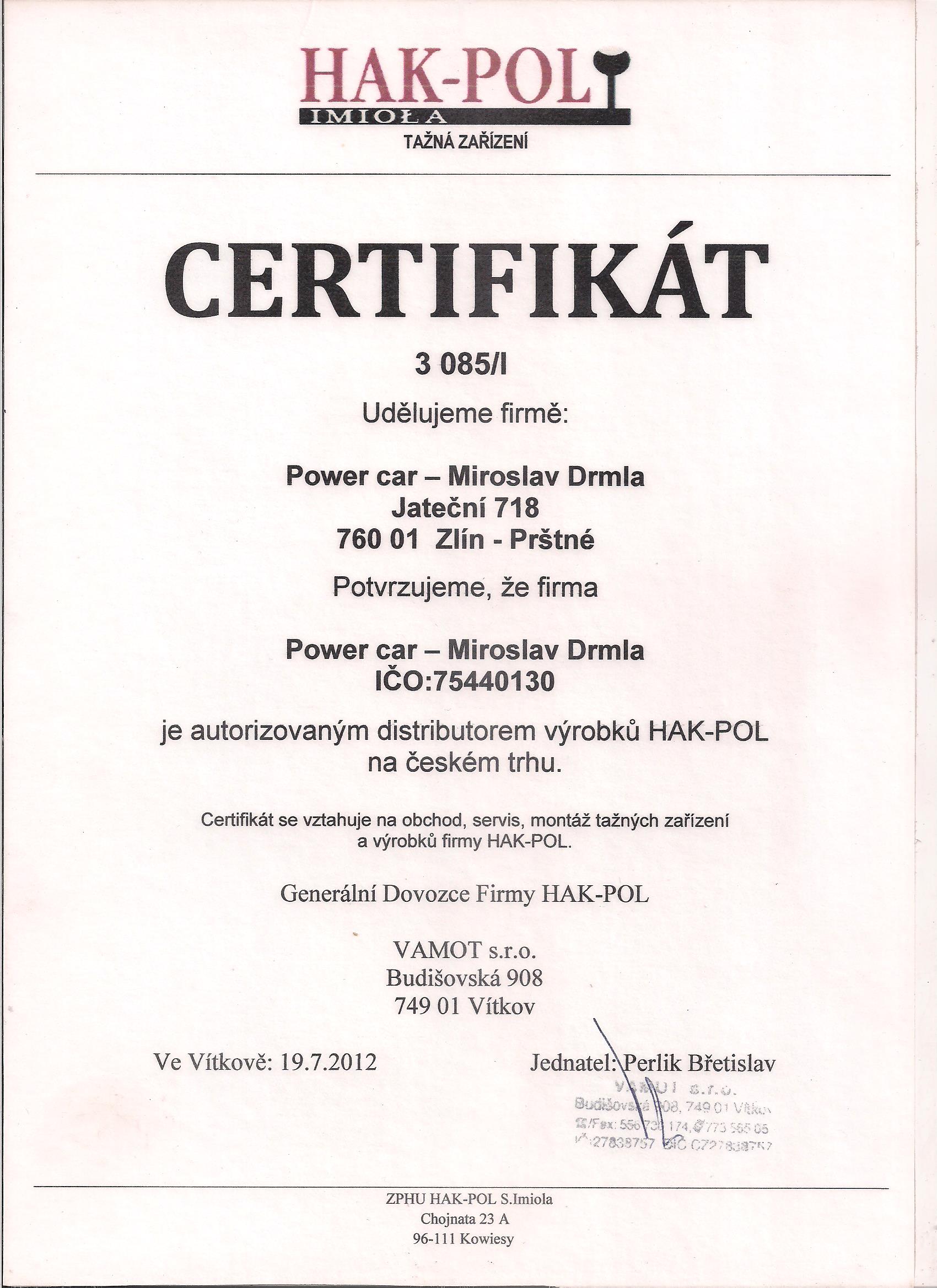  Certifikát HAK-POL - tažná zařízení