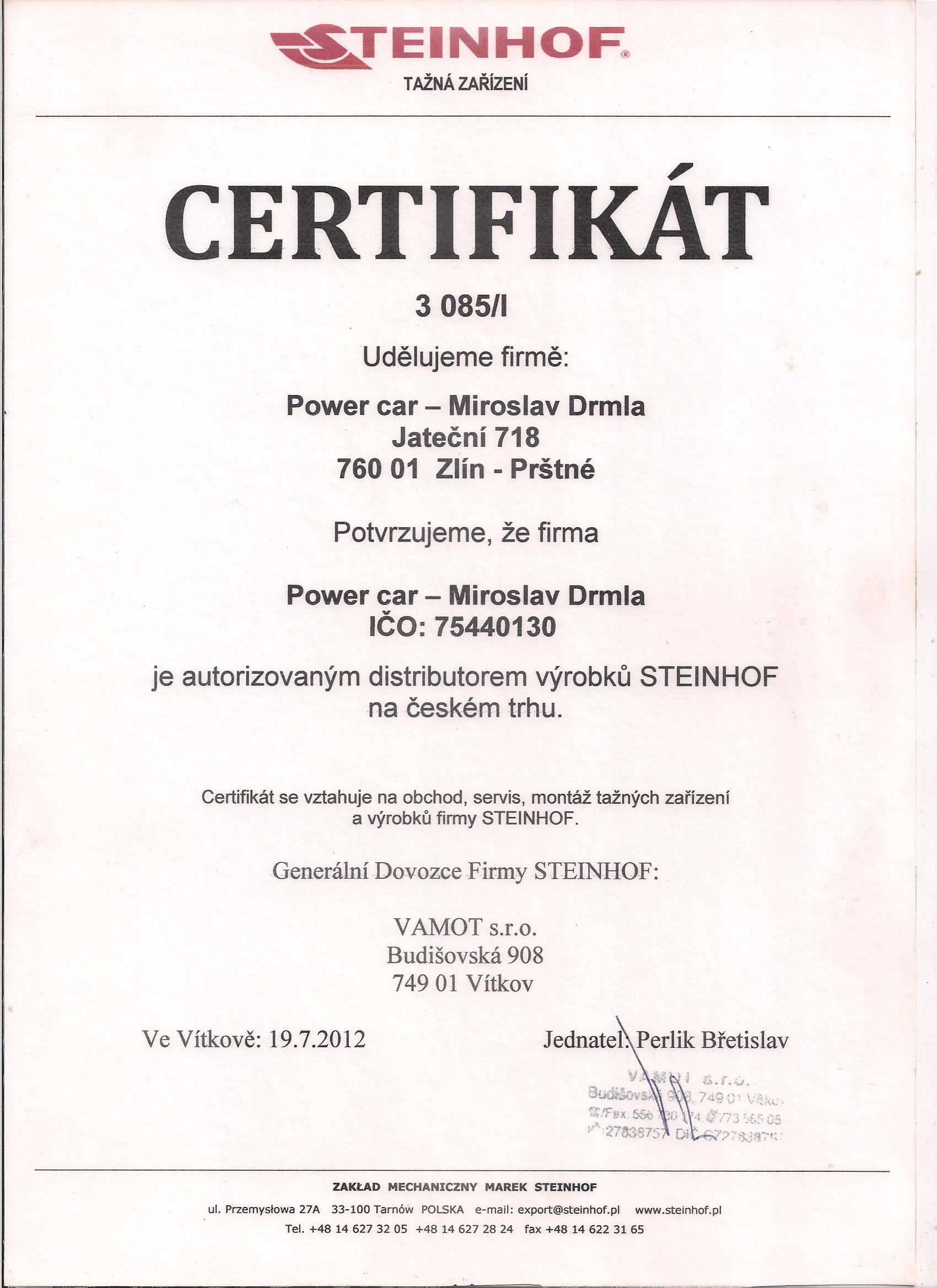 Certifikát STEINHOF - tažná zařízení